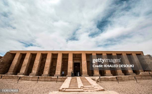 This picture taken on April 5, 2019 shows a view of the entrance of the the New Kingdom period Temple of Seti I, at the archaeological site of Abydos...