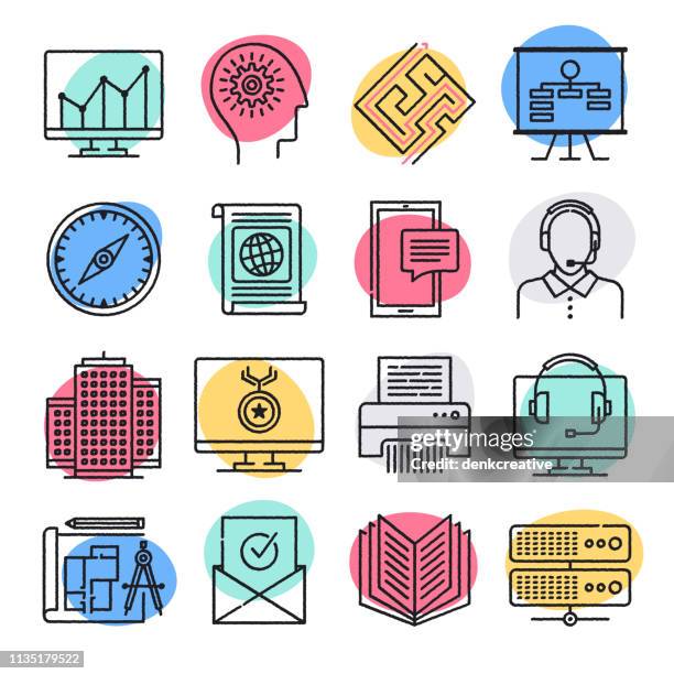 business process management doodle style vector icon set - performance management system stock illustrations