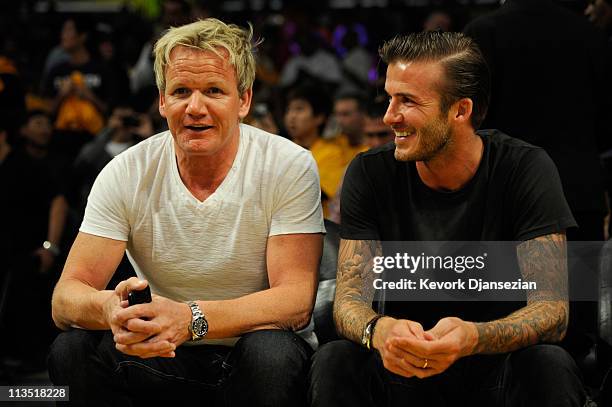 Chef/tv personality Gordon Ramsayand soccer player David Beckham sit courtside during Game One of the Western Conference Semifinals in the 2011 NBA...