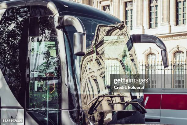 paris reflected in tourist bus - coach bus stock pictures, royalty-free photos & images