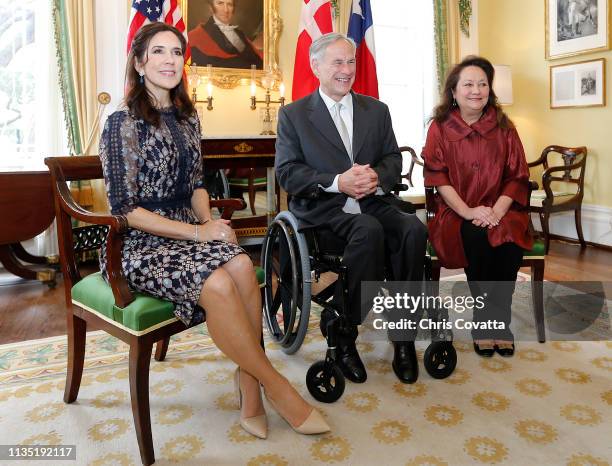Her Royal Highness Crown Princess Mary of Denmark meets with the Governor of Texas, Greg Abbott and Texas First Lady, Cecilia Abbott at the...