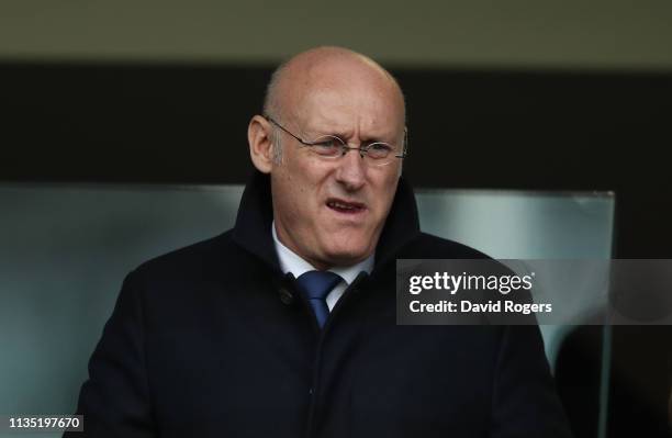 Bernard Laporte, the French Rugby Federation president looks on during the Guinness Six Nations match between Ireland and France at the Aviva Stadium...