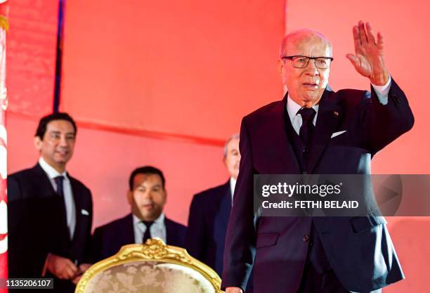 Tunisian President Beji Caid Essebsi waves to supporters during the launch of his party Nidaa Tounes' congress in the coastal city of Monastir, about...