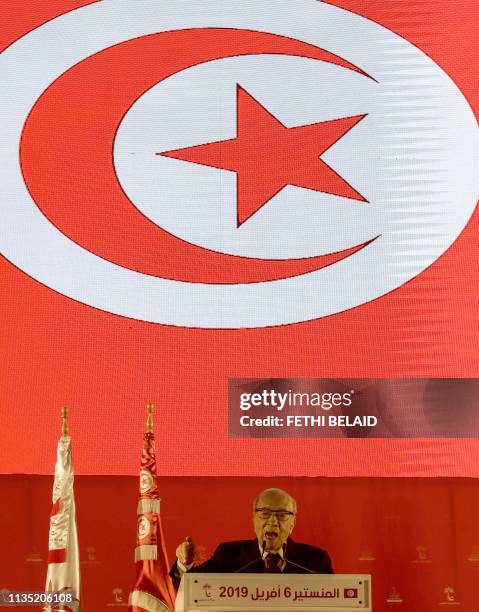 Tunisian President Beji Caid Essebsi gives a speech during the launch of his party Nidaa Tounes' congress in the coastal city of Monastir, about 160...