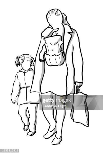 mother of two young girls - gray coat stock illustrations