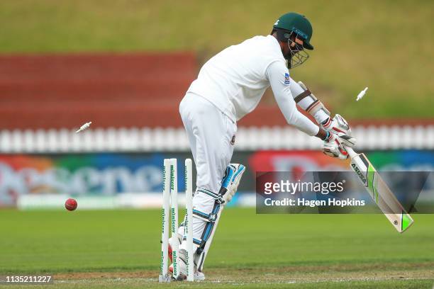 Ebadat Hossain of Bangladesh is bowled by Neil Wagner of New Zealand during day five of the second test match in the series between New Zealand and...