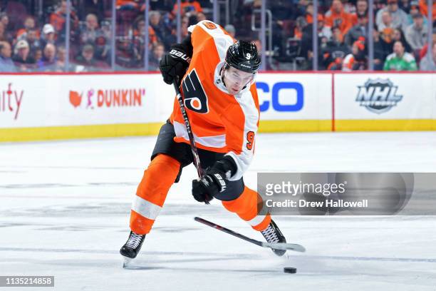 Ivan Provorov of the Philadelphia Flyers breaks his stick on a shot against the Ottawa Senators in the second period at Wells Fargo Center on March...