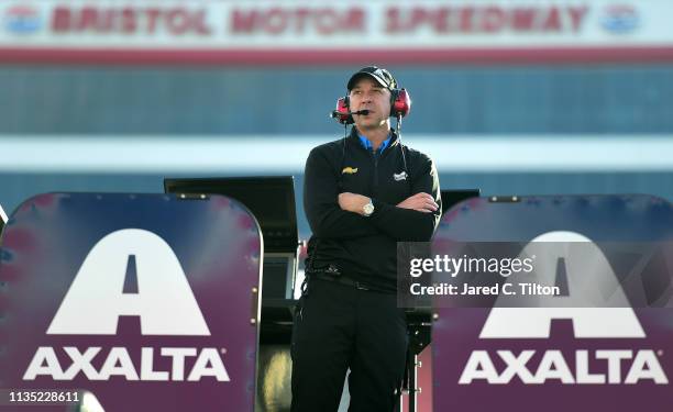 Chad Knaus, crew chief of the Axalta Chevrolet, looks on during practice for the Monster Energy NASCAR Cup Series Food City 500 at Bristol Motor...