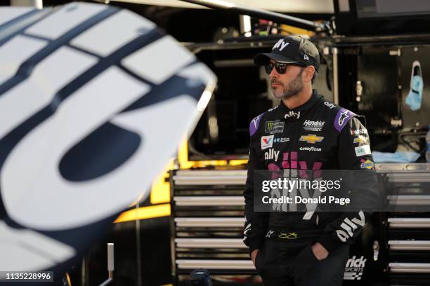 Jimmie Johnson, driver of the Ally Chevrolet, prepares to drive during practice for the Monster Energy NASCAR Cup Series Food City 500 at Bristol...