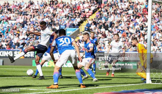 Bolton Wanderers' Sammy Ameobi back heels the ball towards the goal during the Sky Bet Championship match between Bolton Wanderers and Ipswich Town...