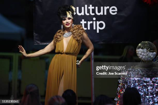 Manila Luzon and Bob the Drag Queen pose with a Culture Trip London Double Decker Bus as Part of "Soho in SoCo" for SXSW at Austin Motel on March 11,...