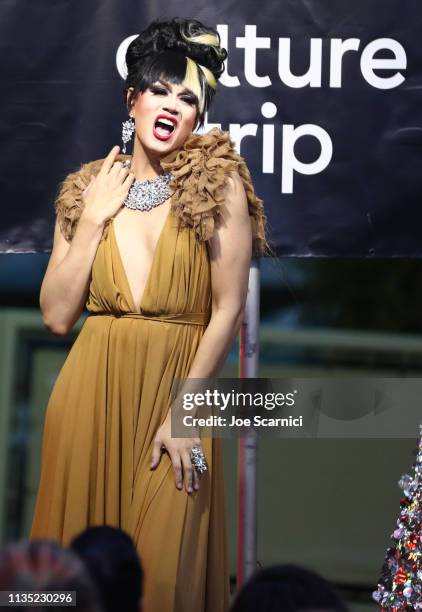 Manila Luzon and Bob the Drag Queen pose with a Culture Trip London Double Decker Bus as Part of "Soho in SoCo" for SXSW at Austin Motel on March 11,...