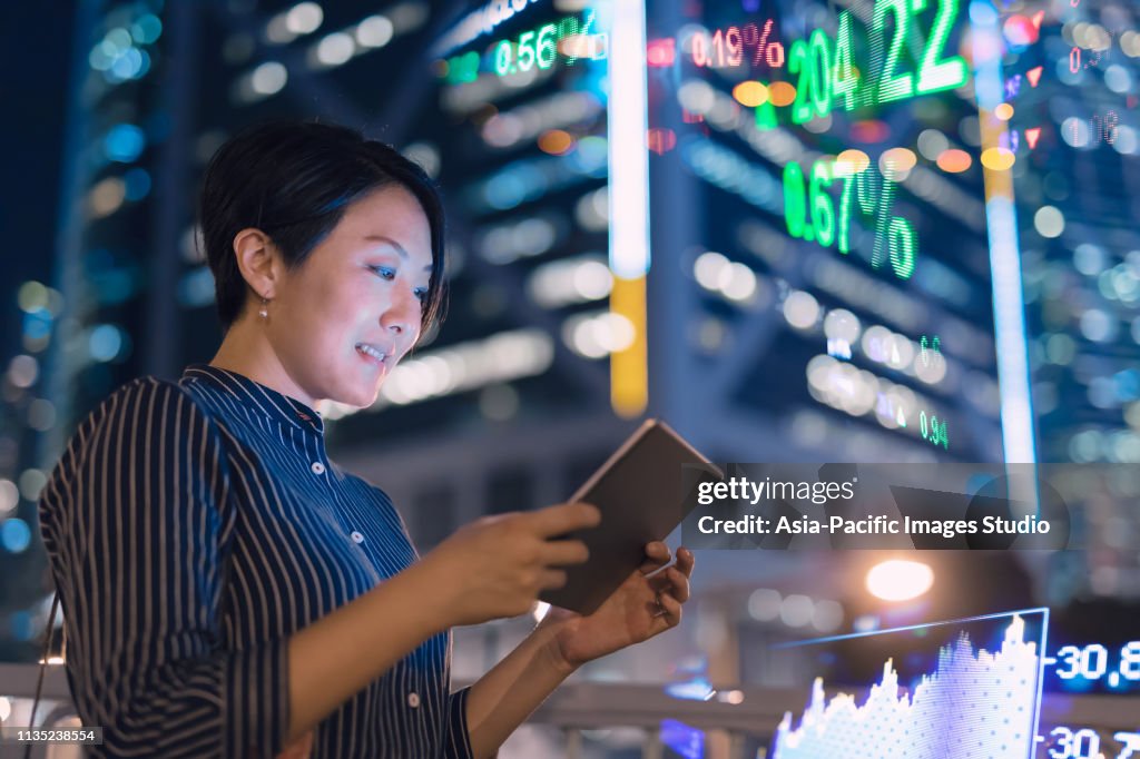 Asian businesswomen checking stock market data on tablet before Hong Kong financial display board