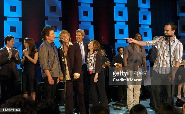 Chris Heinz, Alexandra Kerry, John Fogerty, Jon Bon Jovi, Senator John Kerry, Teresa Heinz Kerry, Boyd Tinsley and Dave Matthews onstage at Radio...