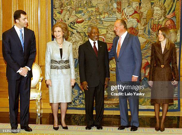 Crown Prince Felipe, Queen Sofia, UN General Secretary Kofi Annan, King Juan Carlos and Princess Letizia meet for dinner at the Zarzuela Palace in...