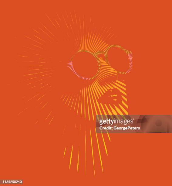 illustrations, cliparts, dessins animés et icônes de visage rétro de femme avec des rayons solaires vectoriels - orange couleur