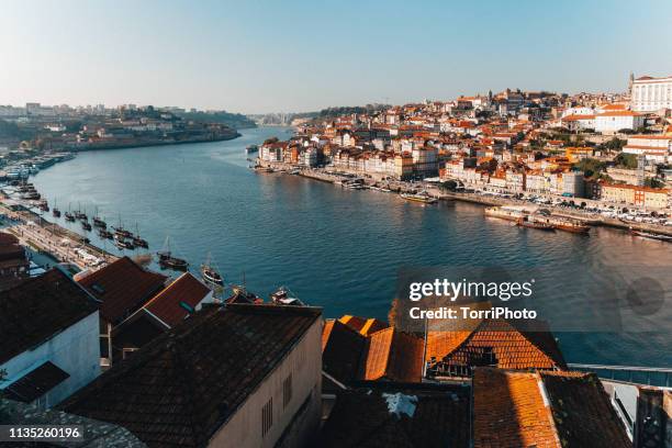 porto old town cityscape and douro river at sunny day - distrito do porto portugal imagens e fotografias de stock