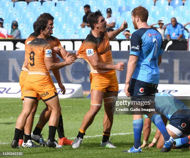 Pablo Matera of the Jaguares celebrates his try during the Super Rugby match between Vodacom Bulls and Jaguares at Loftus Versfeld on April 06, 2019...