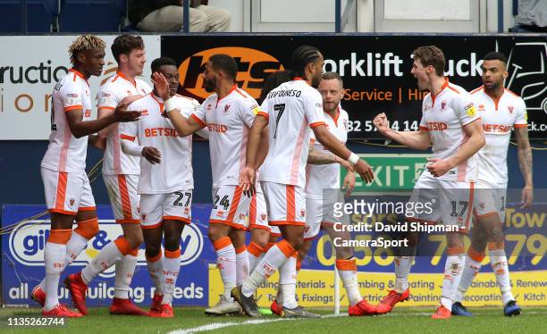 Blackpool celebrate after Matty Virtue puts them 2-1 ahead during the Sky Bet League One match between Luton Town and Blackpool at Kenilworth Road on...
