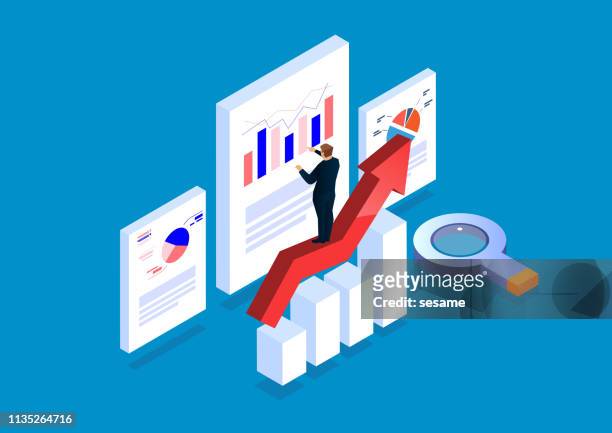 businessman standing on arrow analyzing page data - business strategy stock illustrations