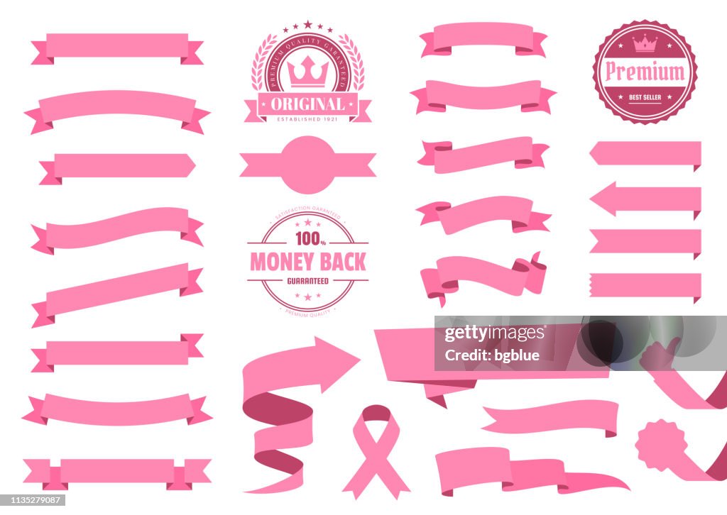 Ensemble de rubans roses, bannières, badges, étiquettes-éléments de conception sur fond blanc
