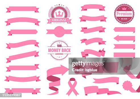 Jogo de fitas cor-de-rosa, bandeiras, emblemas, etiquetas-elementos do projeto no fundo branco Jogo de fitas cor-de-rosa, bandeiras, emblemas, etiquetas-elementos do projeto no fundo branco