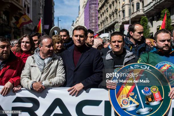 Albert Rivera , leader of Ciudadanos party supporting a demonstration where thousands of National Police and Civil Guards from all over Spain march...