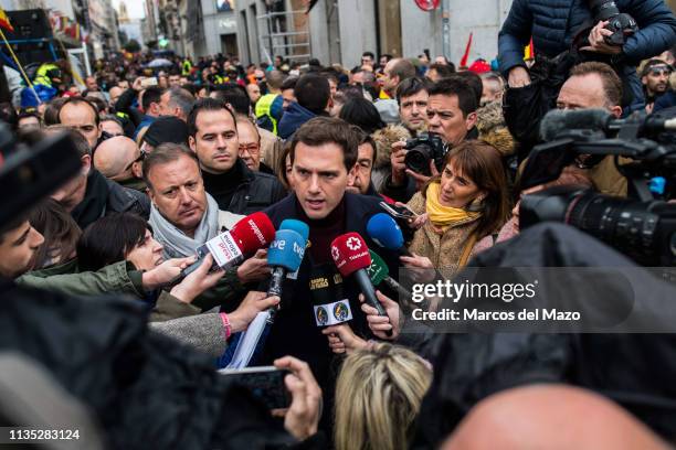 Albert Rivera, leader of Ciudadanos party speaking to the media during a demonstration where thousands of National Police and Civil Guards from all...