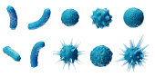 Abstract background virus. Set of virus. Virus icon set. Virus isolated on white background. Colorful bacteria, microbes fungi. Pathogenic viruses that cause harm to a living organism. 3D Illustration