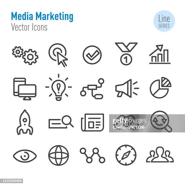 stockillustraties, clipart, cartoons en iconen met media marketing icons set-vector lijn serie - uitbesteding