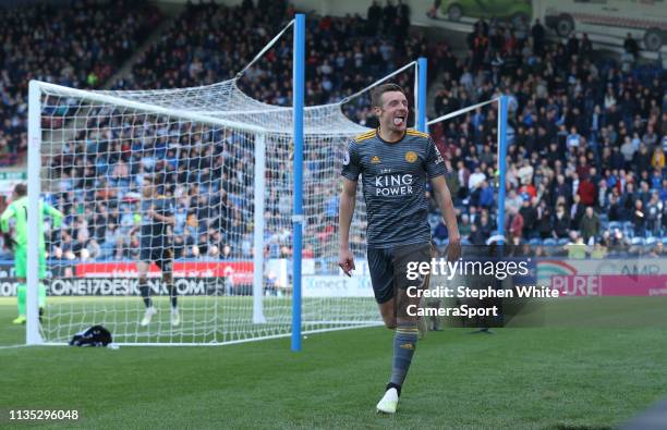 Leicester City's Jamie Vardy celebrates scoring celebrates scoring his side's second goal during the Premier League match between Huddersfield Town...