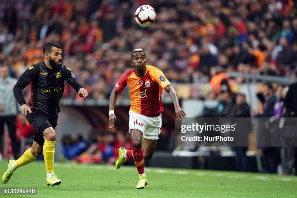 Henry Onyekuru and Issam Chebake fighting about the ball during Galatasaray v Yeni Malatyaspor on April 6,2019 in Turk Telekom Stadium ,...