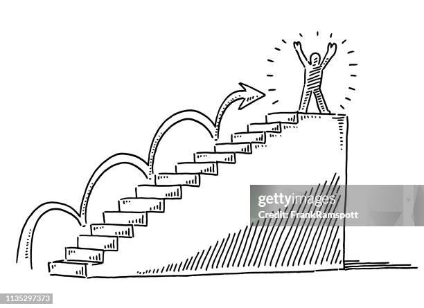 treppen zum erfolg menschlicher figur auf top-zeichnung - stufen stock-grafiken, -clipart, -cartoons und -symbole