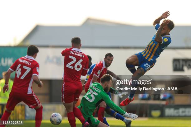 Adam Hammill of Scunthorpe United scores an own goal to make it 1-1 following a Shaun Whalley of Shrewsbury Town cross during the Sky Bet League One...