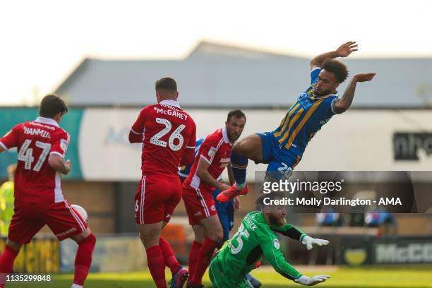 Adam Hammill of Scunthorpe United scores an own goal to make it 1-1 following a Shaun Whalley of Shrewsbury Town cross during the Sky Bet League One...
