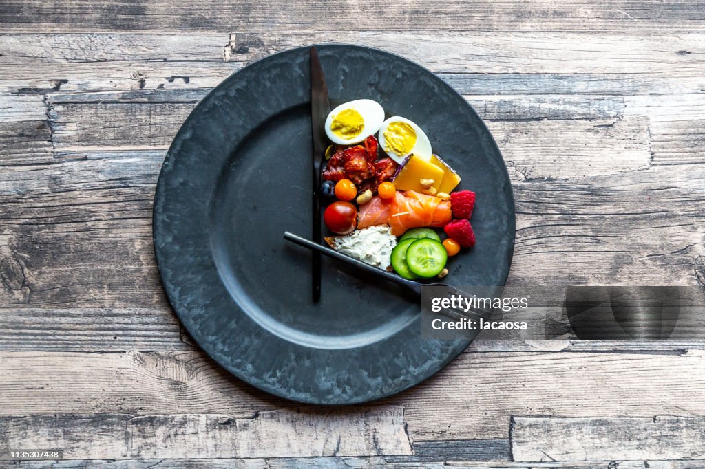 Variety of food on round plate, intermittent fasting