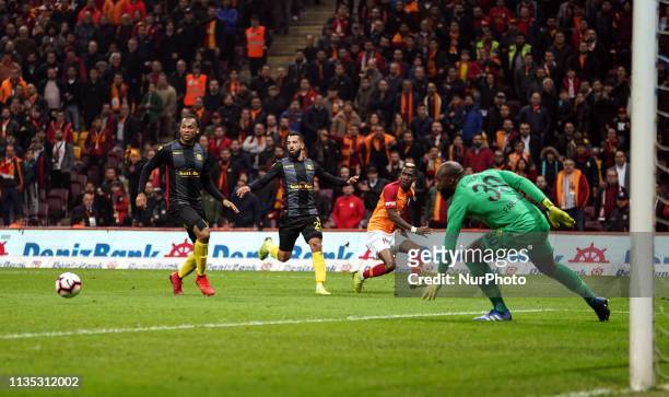 Henry Onyekuru passing the ball in front of Issam Chebake during Galatasaray v Yeni Malatyaspor on April 6,2019 in Turk Telekom Stadium ,...