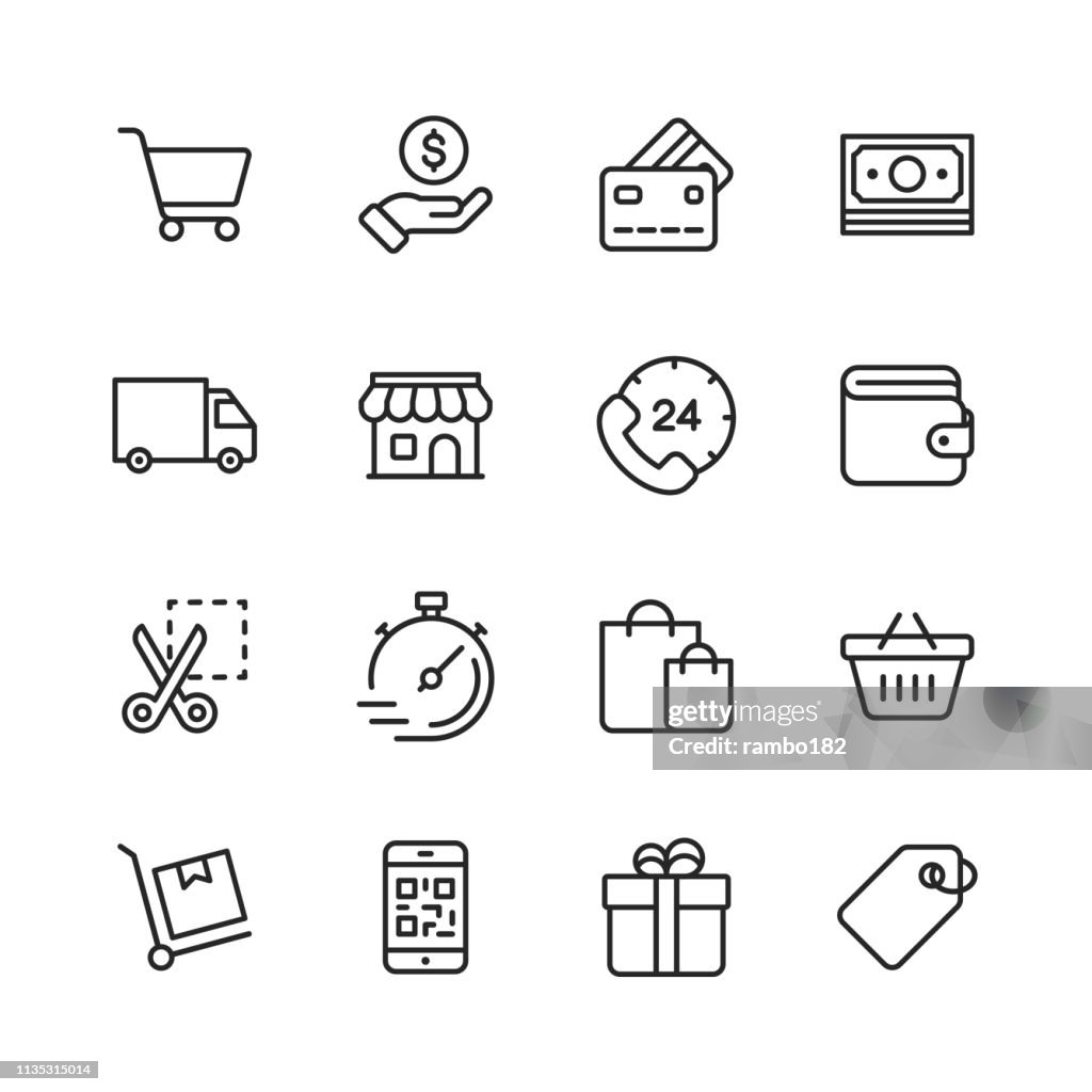 Iconos de línea de compras y comercio electrónico. Trazo editable. Pixel Perfect. Para móvil y Web. Contiene iconos como tarjeta de crédito, comercio electrónico, pagos en línea, envío, descuento.