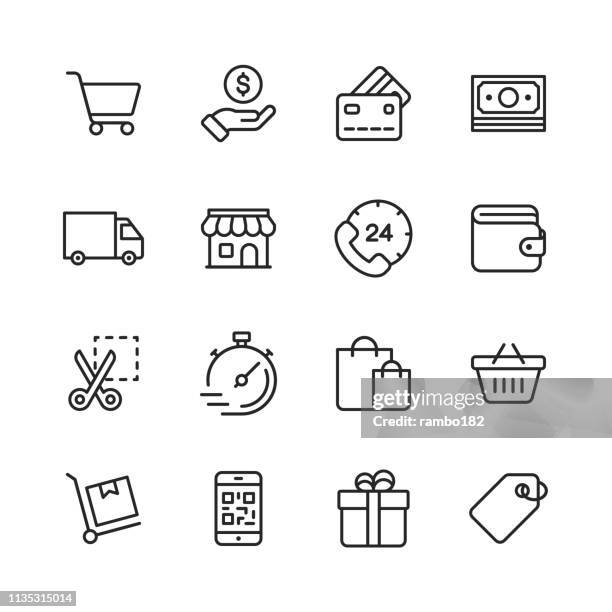 ilustrações de stock, clip art, desenhos animados e ícones de shopping and e-commerce line icons. editable stroke. pixel perfect. for mobile and web. contains such icons as credit card, e-commerce, online payments, shipping, discount. - preço