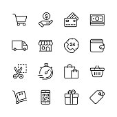 Shopping and E-commerce Line Icons. Editable Stroke. Pixel Perfect. For Mobile and Web. Contains such icons as Credit Card, E-commerce, Online Payments, Shipping, Discount.