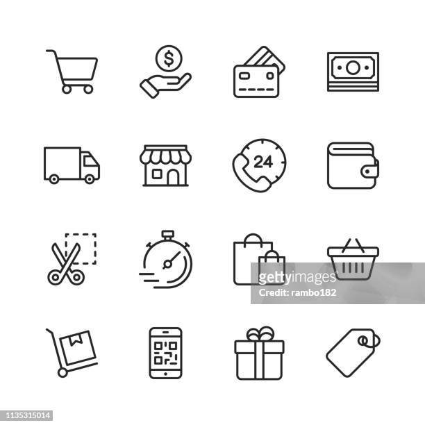 shopping and e-commerce line icons. editable stroke. pixel perfect. for mobile and web. contains such icons as credit card, e-commerce, online payments, shipping, discount. - shopping stock illustrations