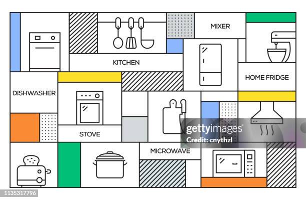 ilustrações, clipart, desenhos animados e ícones de conceito da cozinha. bandeira retro geométrica do estilo e conceito do poster com ícones da linha relacionada da cozinha - pia instalação doméstica