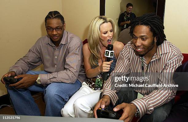 Carmelo Anthony, Jenny Mcarthy and Larry Fitzgerald try out an Xbox title at Xbox's E3 press briefing at the Shrine Auditorium, Monday May 10, 2004.