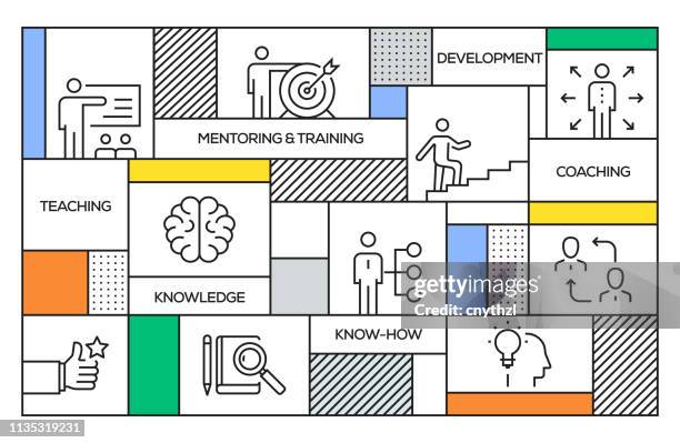 mentoren-und ausbildungskonzept. geometrisches retro-style-banner und plakatkonzept mit mentoring und trainings-linienäken - mentor stock-grafiken, -clipart, -cartoons und -symbole