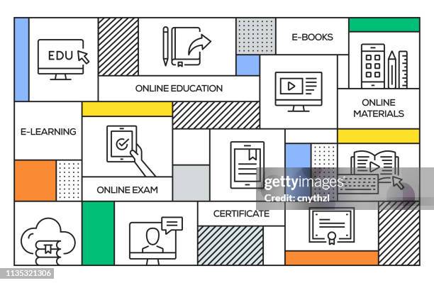 online education concept. geometric retro style banner and poster concept with online education line icons - business training classroom stock illustrations