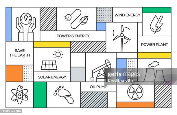 電力とエネルギーの概念。力およびエネルギーラインアイコンが付いている幾何学的なレトロ様式の旗そしてポスターの概念 - memphis点のイラスト素材／クリップアート素材／マンガ素材／アイコン素材
