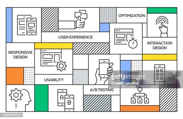 user experience concept. geometric retro style banner and poster concept with user experience line icons - programming team stock illustrations
