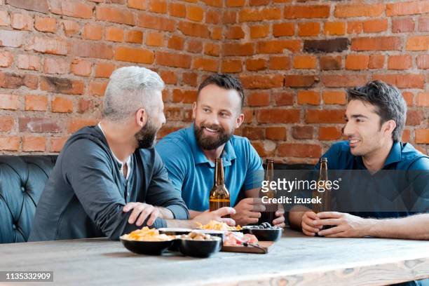 male friends talking while having beer at brewery - pub wall stock pictures, royalty-free photos & images