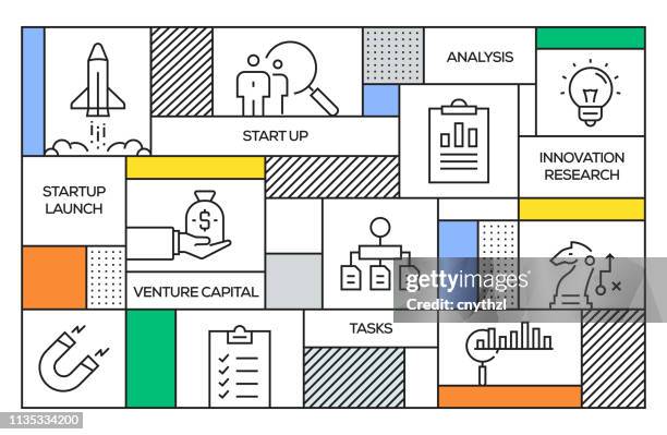 stockillustraties, clipart, cartoons en iconen met start up concept. geometrische retro stijl banner en poster concept met start-up line iconen - presentation template