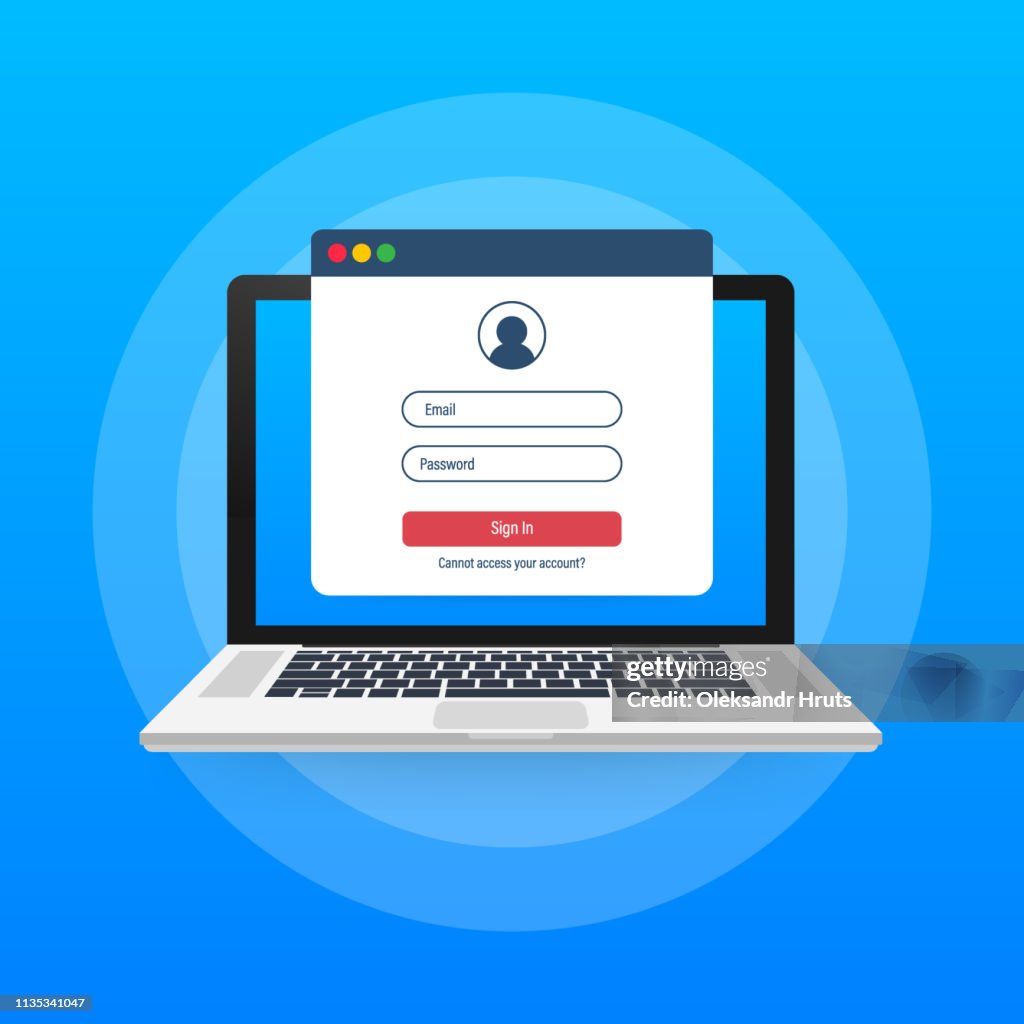 Login page on laptop screen. Notebook and online login form, sign in page. User profile, access to account concepts. Vector illustration.